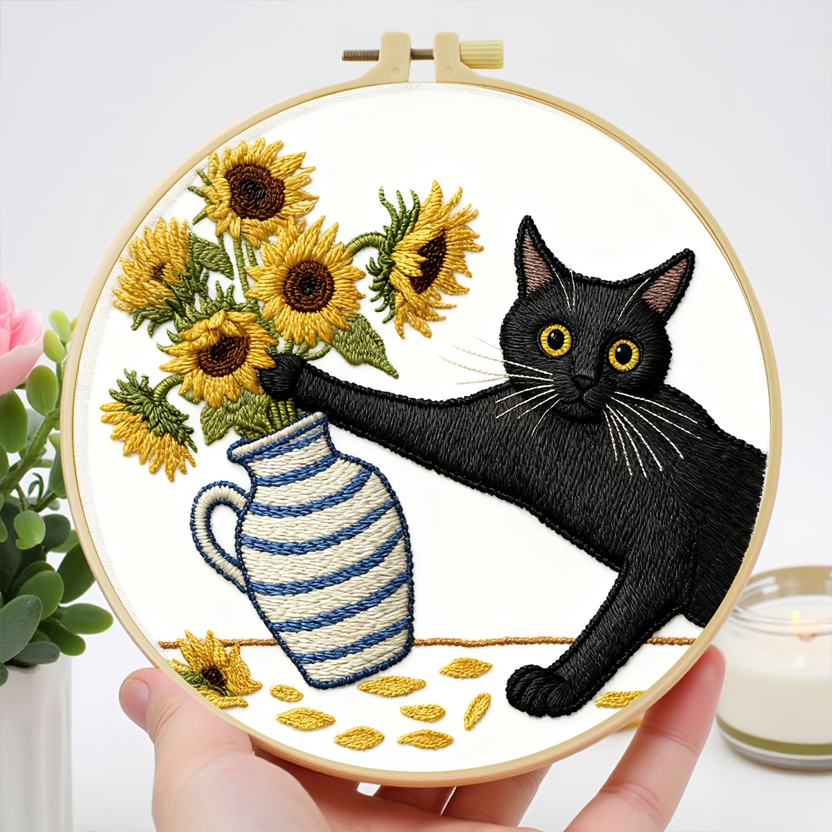 TEMU Embroidery Kit, 15x15cm/5.9x5.9 Inches, 20x20cm/7.9x7.9 Inches, Van Gogh's Cat, Handmade Embroidery Kit, Suitable For Adult Beginners, Includes