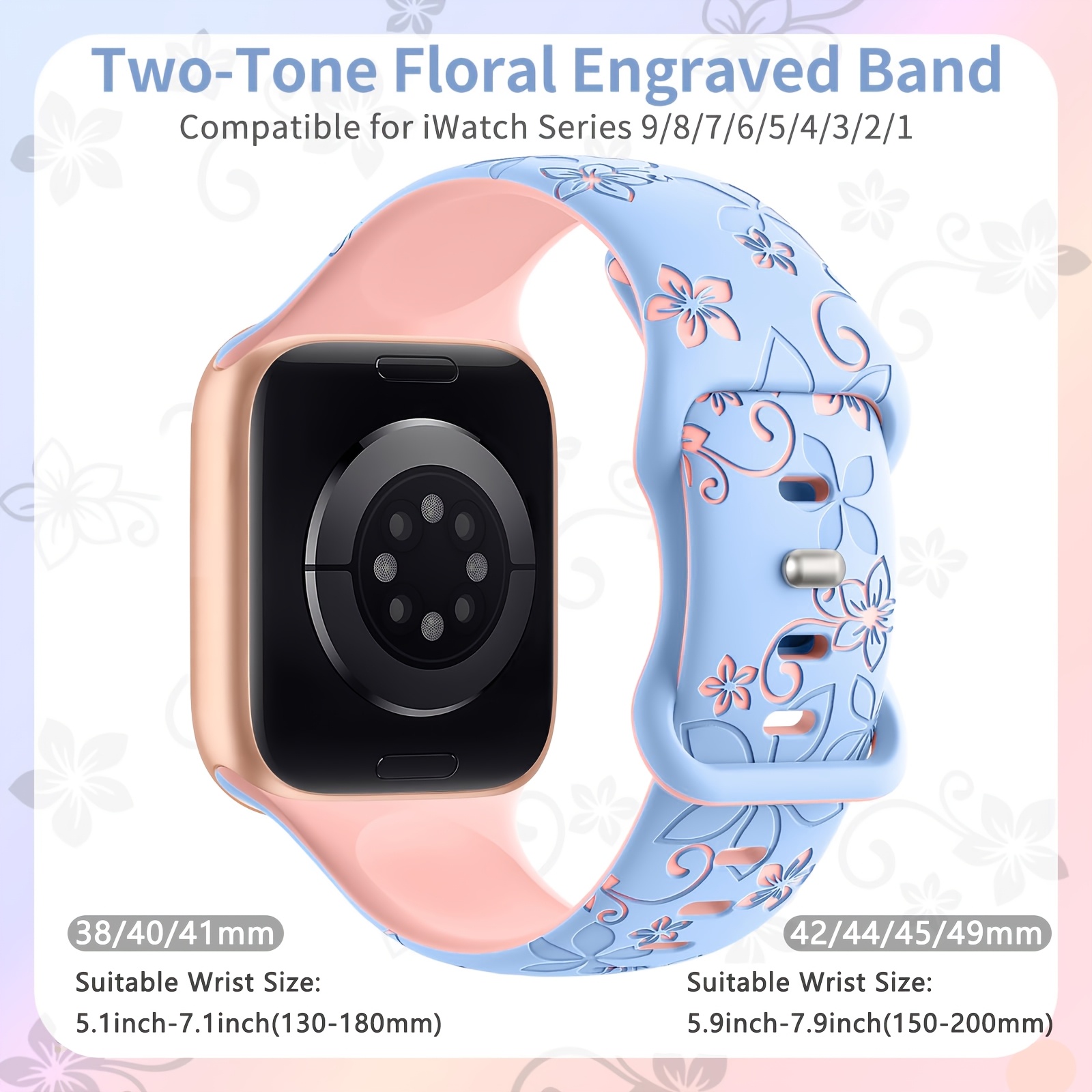 Women'S Floral Engraved for apple Watch Band - Soft Silicone Sport Strap with Butterfly Clasp, Cute Flower Pattern Compatible with Series 1-10 & Ultra/Ultra 2/3/SE (38mm-49mm) - & Floral Design, Comfortable Durable Strap for Casual Attire