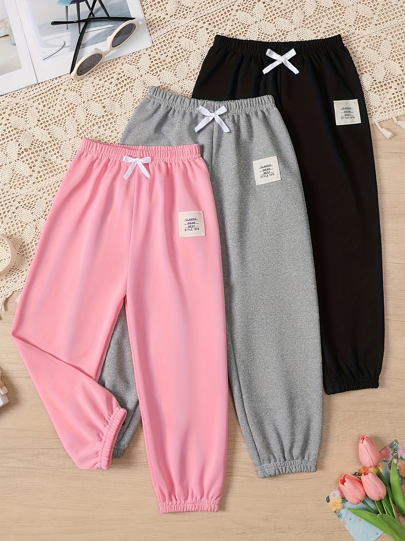 Set of 3 Girls' Long Pants for Autumn Suitable for Older Children and Toddlers Featuring a Faux Drawstring Solid Colors and a Loose Fit These Sweatpants Are Basic Everyday Wear for Spring and Summer with an Elastic Waistband and Tapered Legs