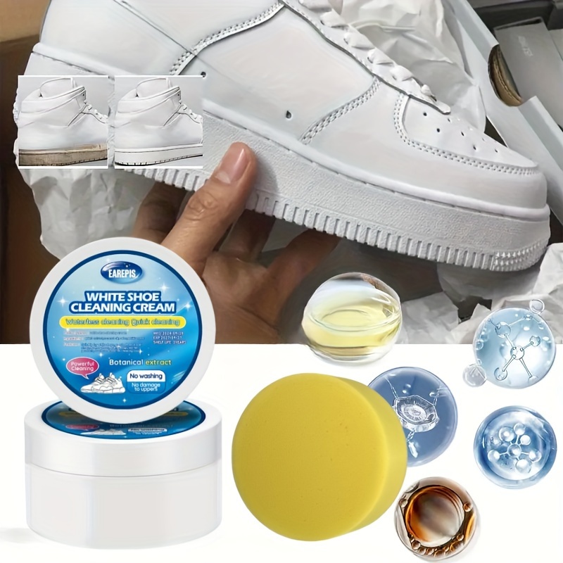   white shoe cream stain remover whitener safe for sneakers canvas   easy no rinse formula with cleaning sponge included details 0