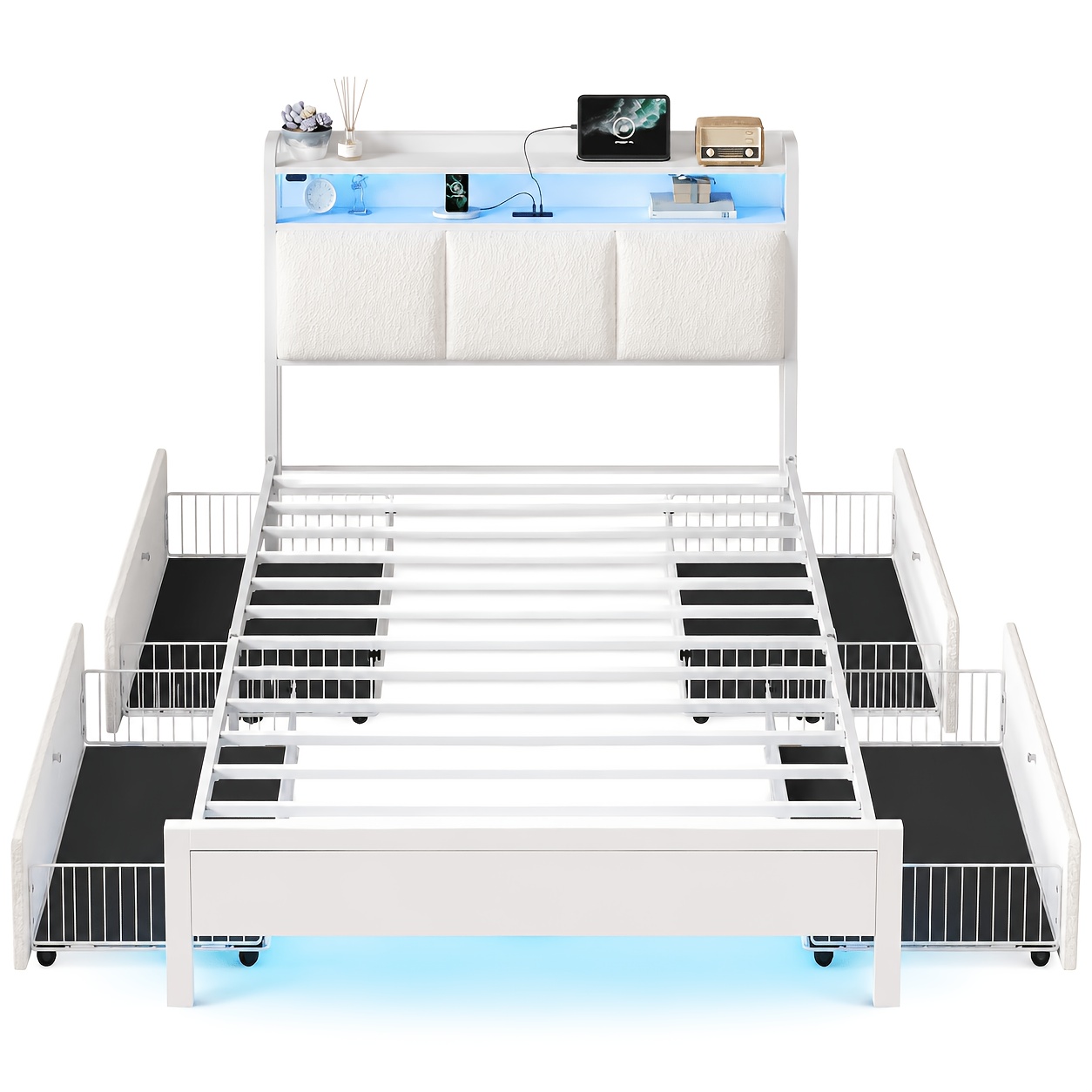 storage bed frame with led lights usb charging twin full queen size upholstered headboard with drawers heavy duty metal slats   spring needed easy assembly