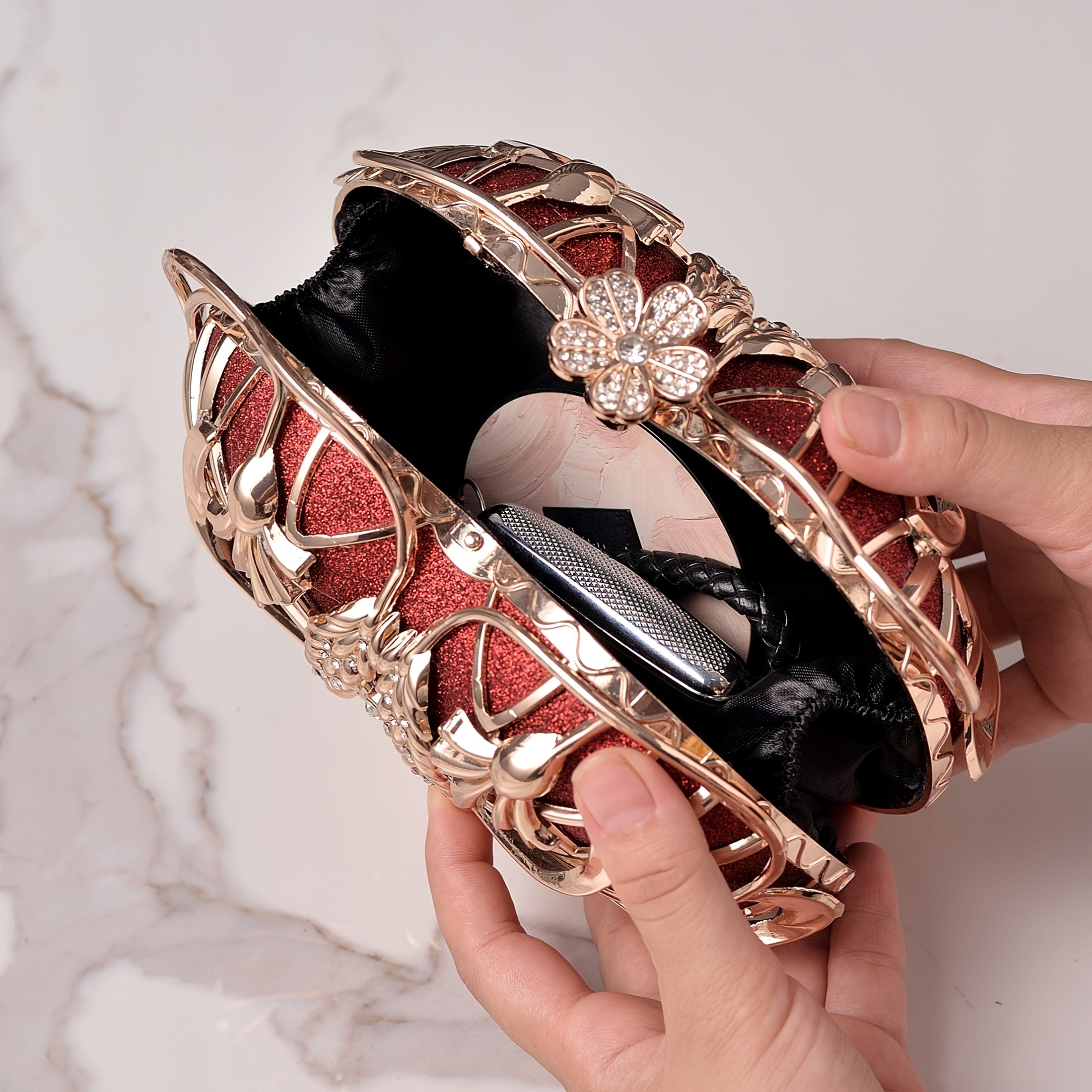 Luxury Red Rhinestone Apple Clutch - Elegant Floral Design Metal Handbag with Golden-Tone Hardware, Sparkling Crystals & Polyester Lining, Perfect for Evening Events, Gifts, and Christmas