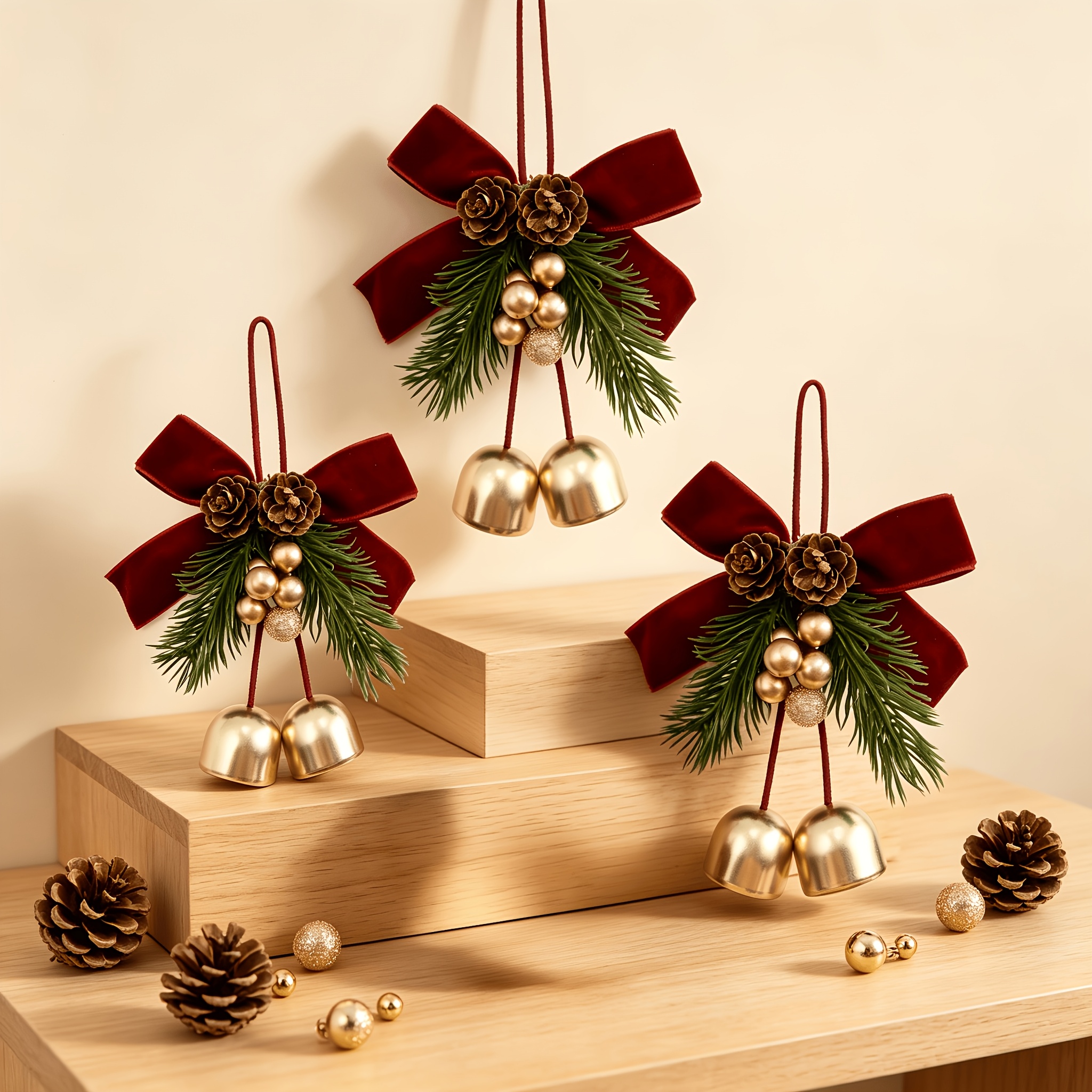 TEMU 3pcs Burgundy Velvet Bow & Bell Hanging Ornaments With Ribbon Suitable For Christmas Tree, Door Decorations, Wreaths - -free Contemporary