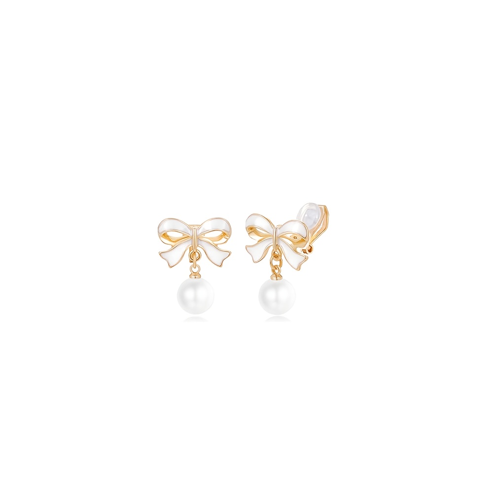 TEMU 1 Pair Women' Clip-on Earrings Suitable For Wedding/party/daily Wear - Gold Plated Enamel Bow & Drop Ear Clips, Non-piercing Ear Jewelry Gift