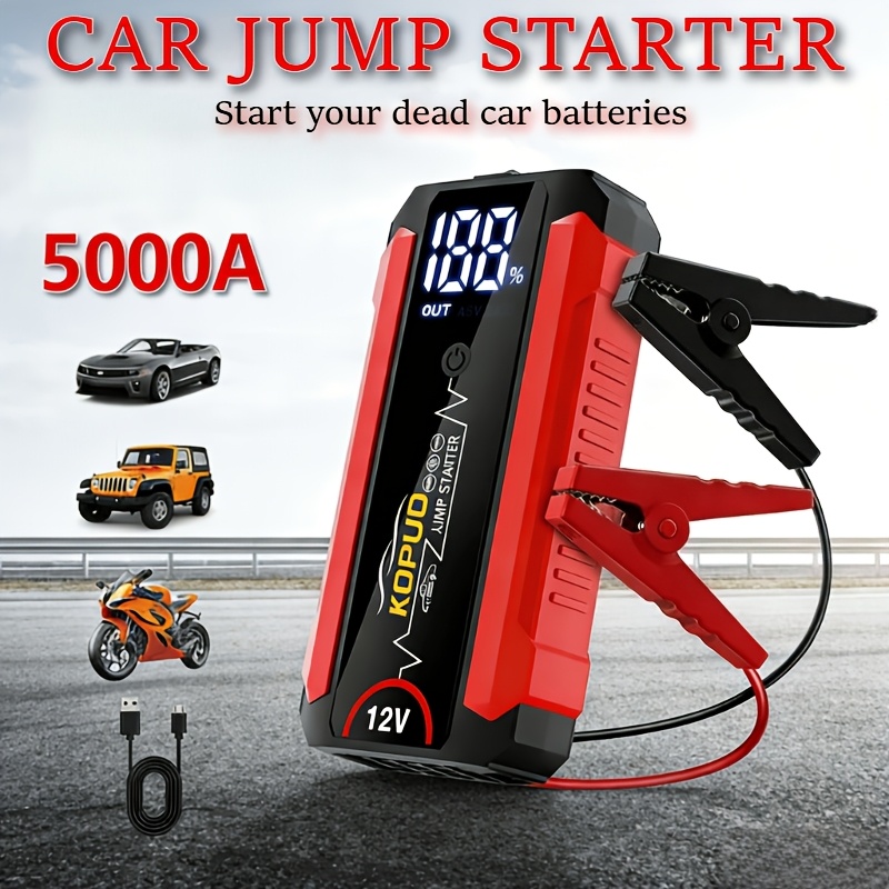 TEMU KOPUO 5000A Démarreur de Voiture Batterie Externe - Pack Booster de Batterie 12V pour Batterie de Voiture Morte | Charge Rapide & Lampe LED |