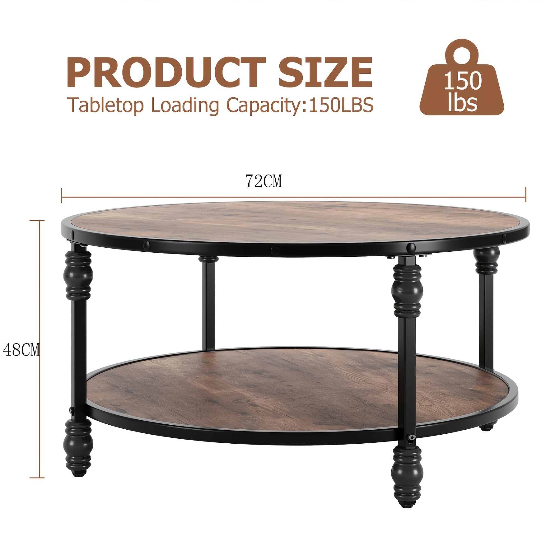 Round Coffee Table For Living Room | Rustic Table With Storage Shelf, Circle Coffee Table With Sturdy Metal Legs, Easy Assembly, , Portable, Brand: Merxeng