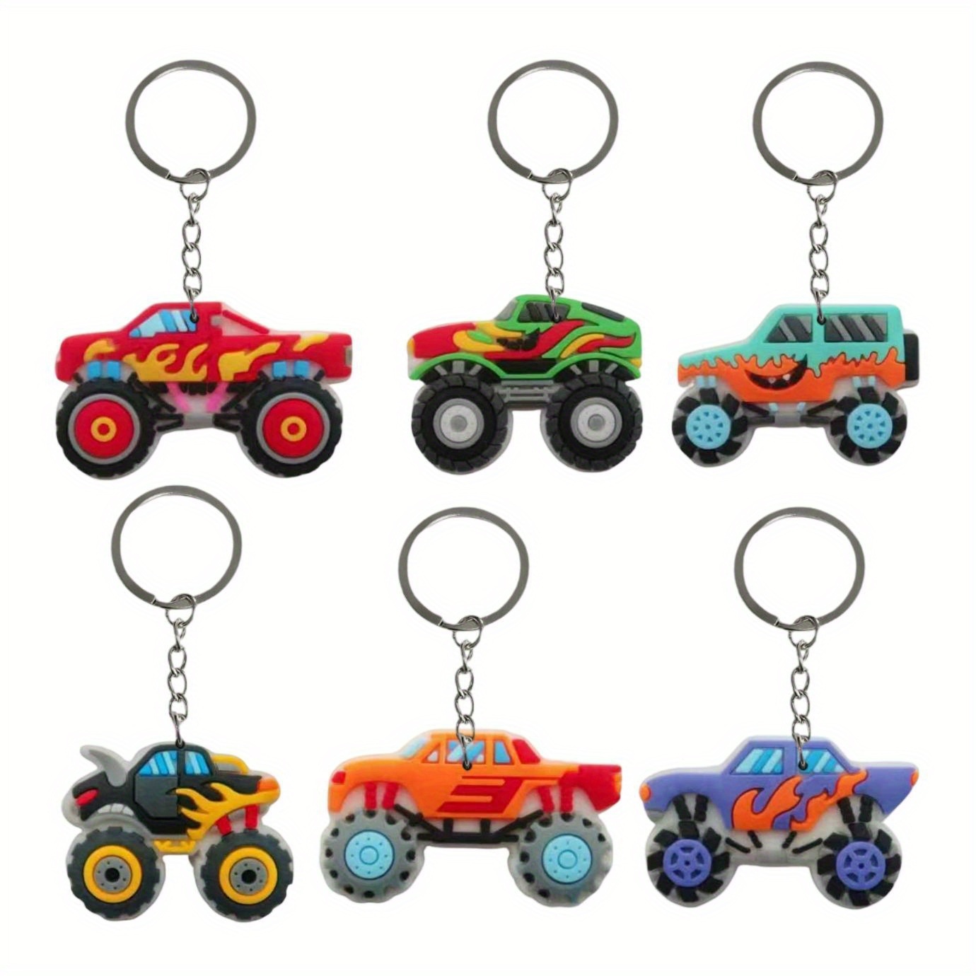 E-shop 6 Cartoon-LKW-Schlüsselanhänger – lebendige -Partygeschenke. Langlebige PVC-Offroad-Fahrzeug-Anhänger mit Metallringen, geeignet für Rucksäcke,