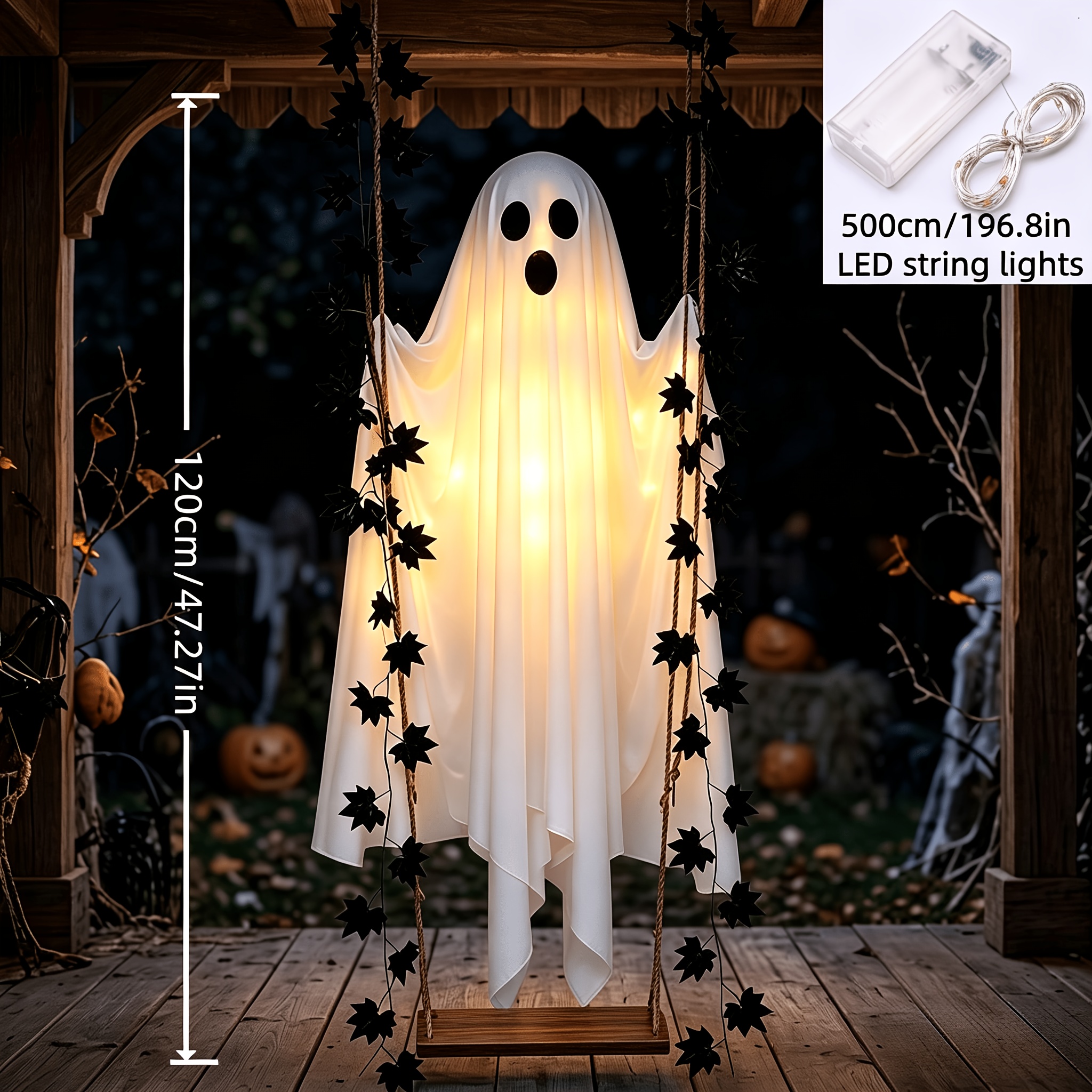 TEMU 2pcs Set: 1 Leaf Swing   1 Led String Light. Halloween Hanging Swing Decoration With Leaves; 120cm Illuminated Ornament With 500cm Led String