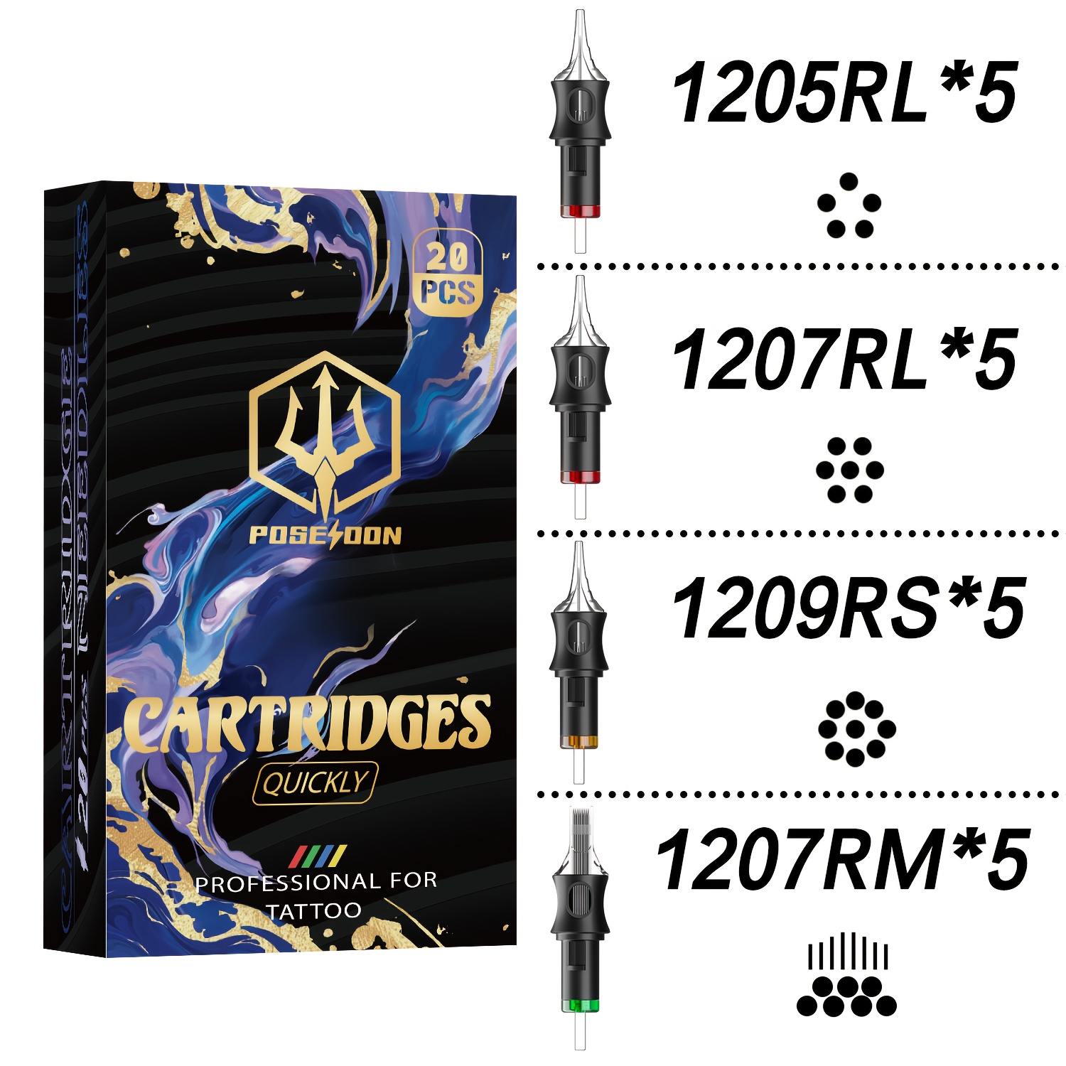 Image of Poseidon V5 20-pack Of Tattoo Cartridge Needles, From Stainless Steel With A , Ensures Absorption And Precision Engineering For Flawless Lines, Perfect For Novices And Professional