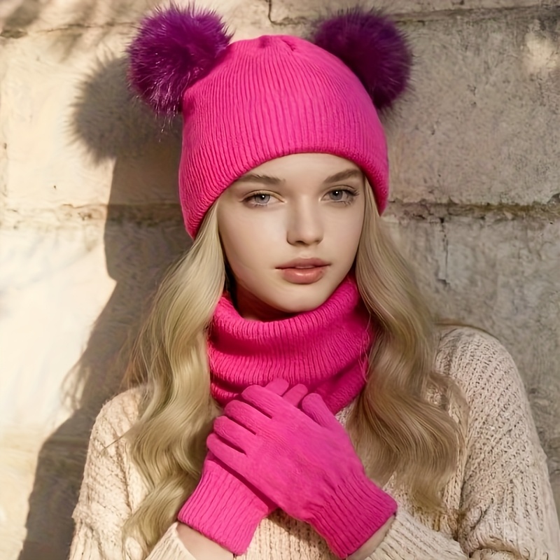 TEMU Double Pom-pom Solid Color Easy Hat Scarf Gloves 3pcs Set Autumn Winter Christmas Holiday Gift Cute Hat