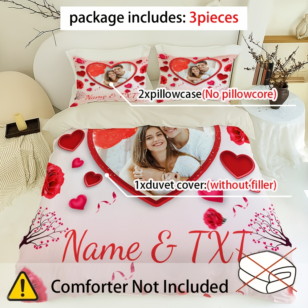 TEMU Custom Three-piece Romantic For Couples, Personalized Name Printed Duvet Cover Set - Includes 1 Duvet Cover And 2 Pillowcases (filling Not