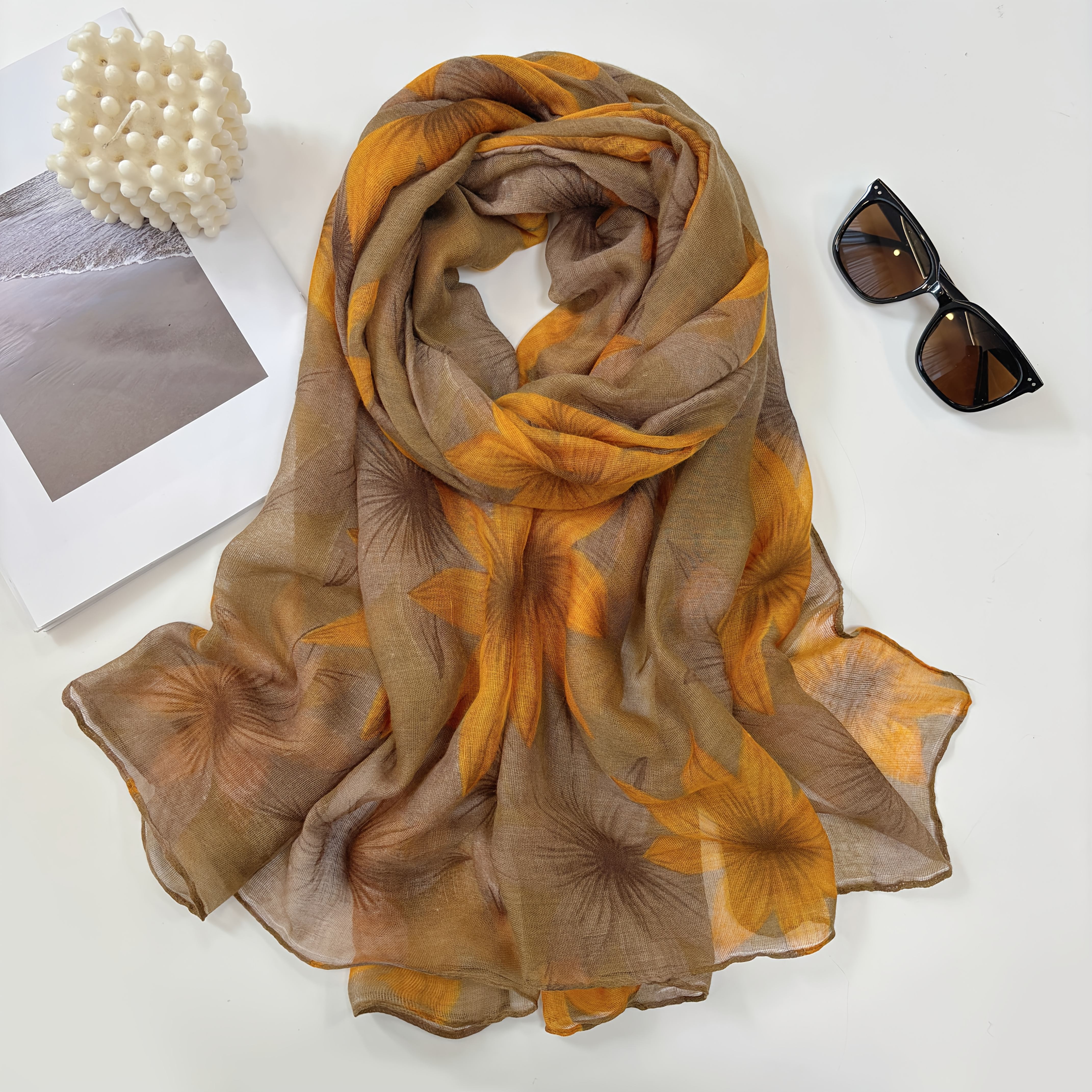 TEMU A Vintage Elegant Color- Long Scarf Shawl Made Of Lightweight And Soft Fabric, Featuring A Floral Print In Contrasting Colors, Breathable And