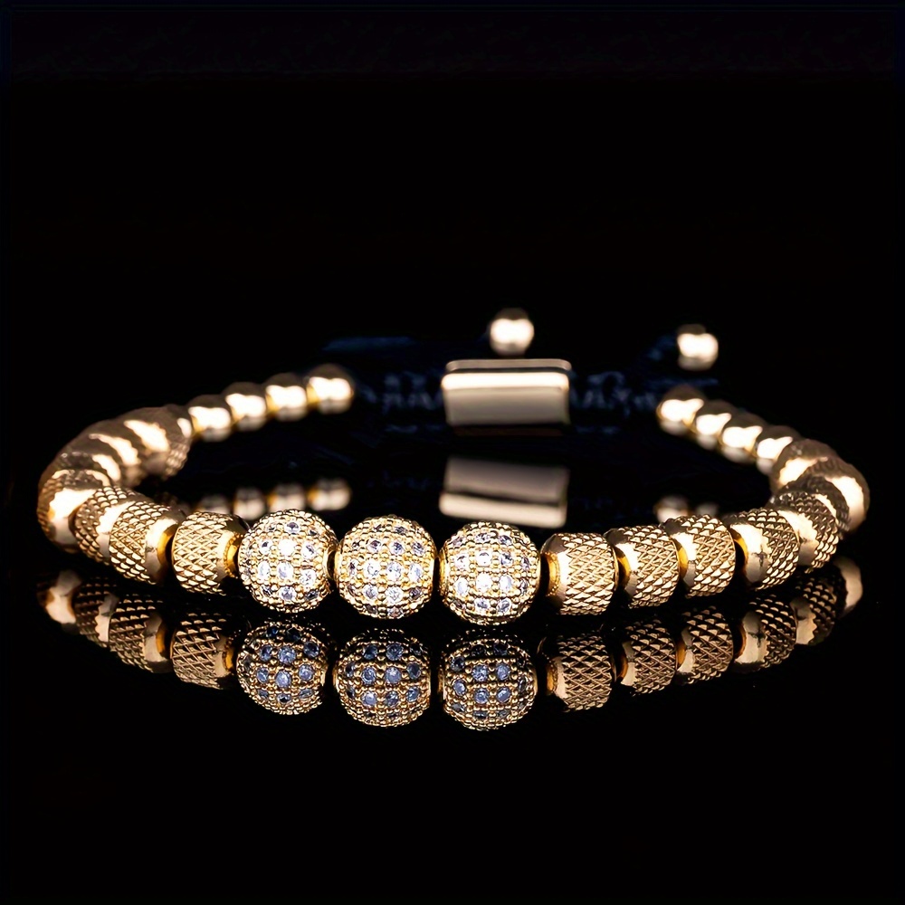 Luxury Men Bracelets Pave Setting Cz Beads 6mm 304 Stainless Steel Round Beads Braiding Friendship