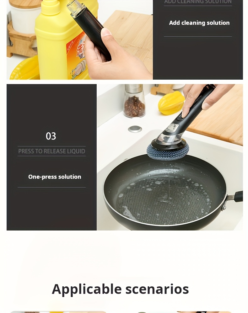 versatile multi purpose kitchen cleaning brush with soap dispenser   reusable scrubber for pots pans dishes   cleaning tool details 15