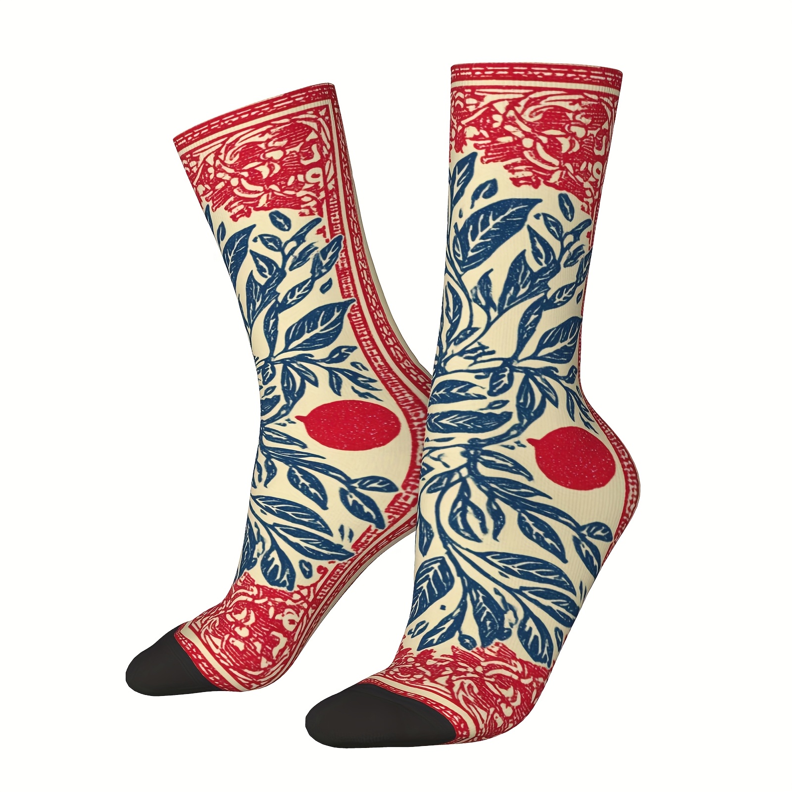 TEMU Vintage Ethnic Embroidered Socks, And Blue Floral Pattern, Comfortable And Breathable Mid-calf Socks, Unisex Fashion Trendy Socks