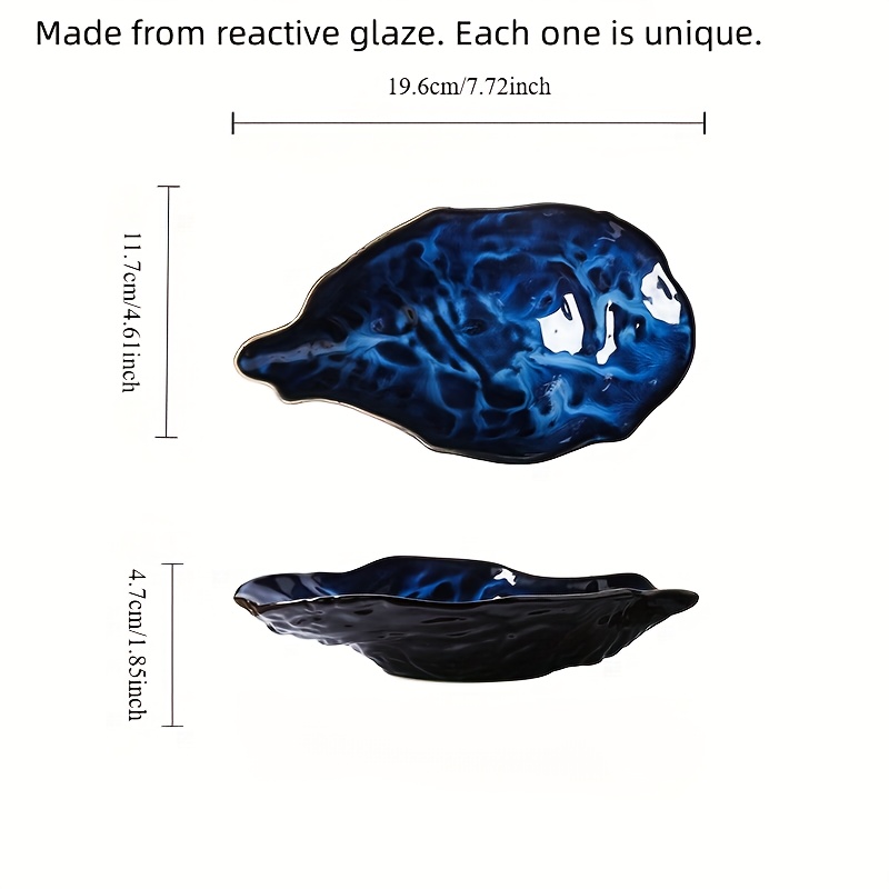 Image of 1pc 8in Blue Ceramic Bowl, Unique Shaped Japanese Retro Oyster Kiln- Plate For Serving Fruit, Sushi, Desserts & Appetizers At Home Or Restaurants