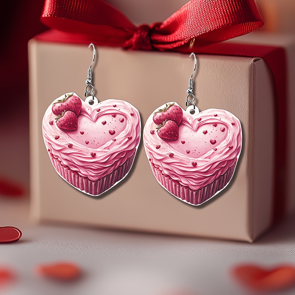 

Valentine's Day Heart-shaped Cupcake Earrings With Strawberry & Design - Cute Cartoon Pink Acrylic Dangle Jewelry, Nickel-free Alloy Hooks For Parties & Gifts