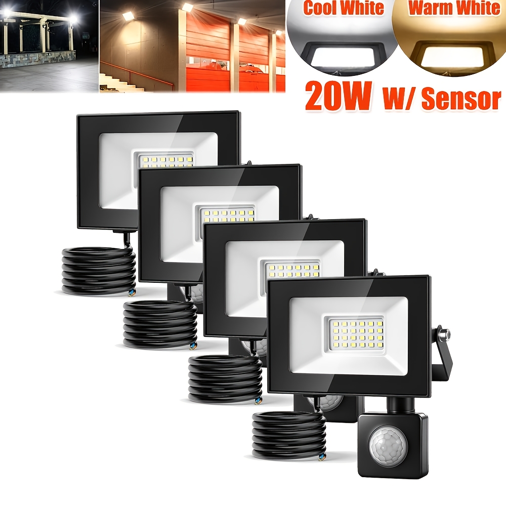 4pcs 20w Led Floodlight Outdoor Motion Sensor, 12.3x7.5x2.7cm Led Sensor Security Light, Led Flood Light, Cool White/warm White, Adjustable 180° Bracket, For Garden, Garage, Yard, Backyard, Workshop