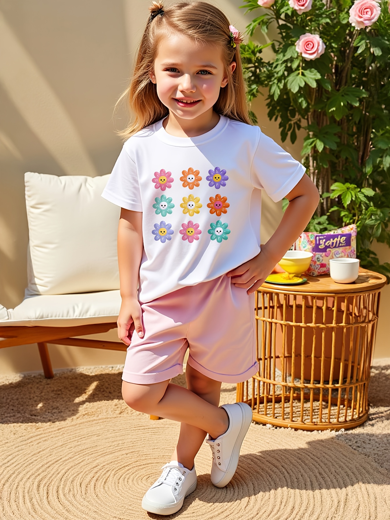 girls' fashionable simple summer suits children's colorful Temu