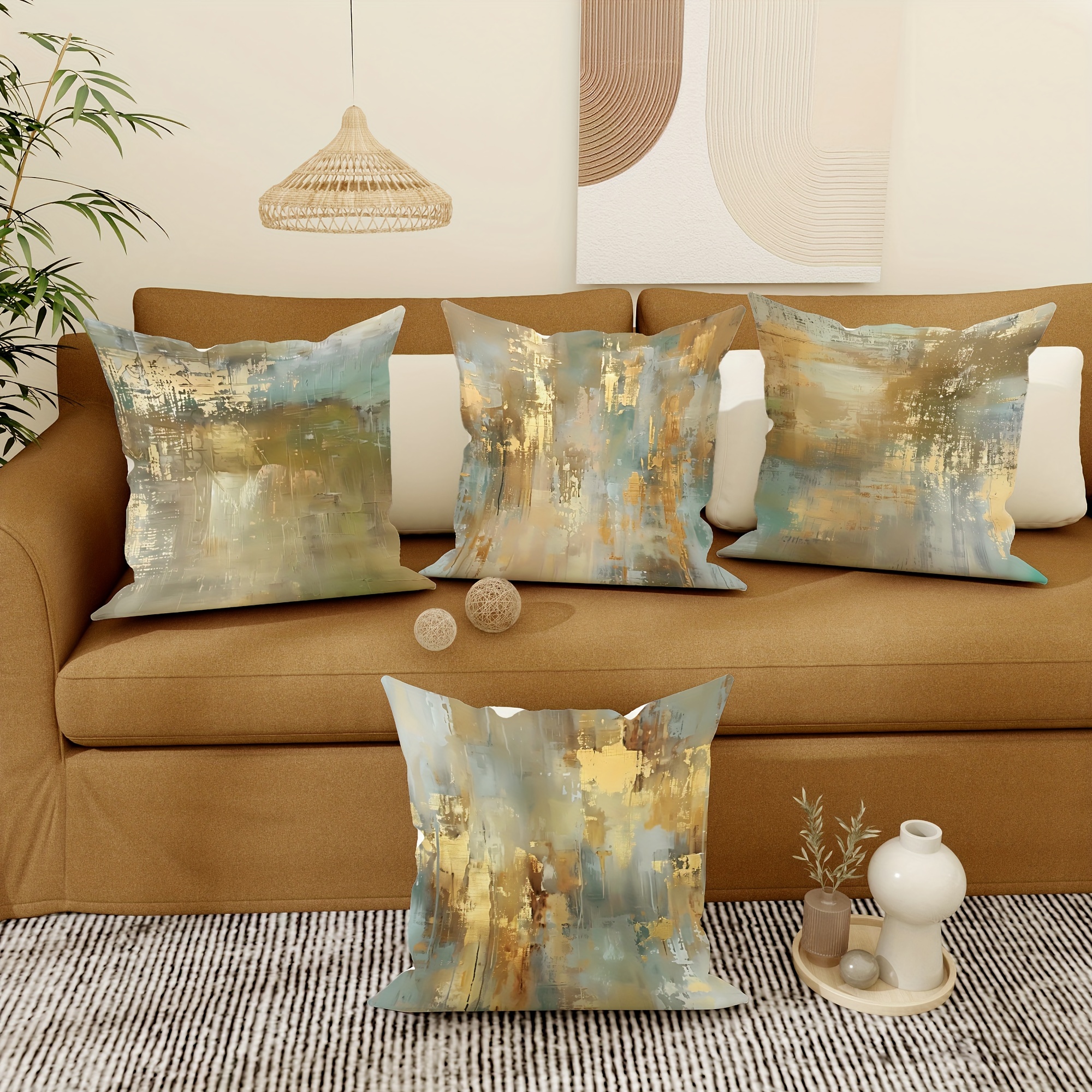 

Vintage Abstract Luxury Throw Pillow Covers: 4 Pieces, 18in X 18in, Green, Brown, Golden, Decorative Pillowcases For Living Room, Bedroom, Sofa, Bed Decoration - No Pillow Inserts Included