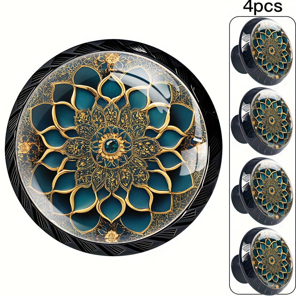 TEMU 4pcs Round Knobs Made Of Abs And Transparent Crystal Glass With Blue And Golden Lotus Pattern Suitable For Decorating Vanity Wardrobe Kitchen