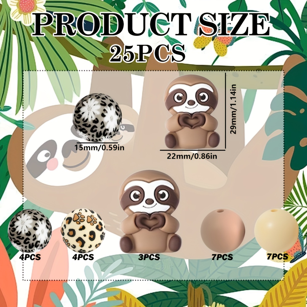 Image of 25pcs Of Brown Sloth Silicone Beads, Featuring 15mm Brown Silicone Round Beads, Suitable For Shapes Of Necklaces, Bag Chains, Phone Straps, Bracelets, And Jewelry Making Supplies