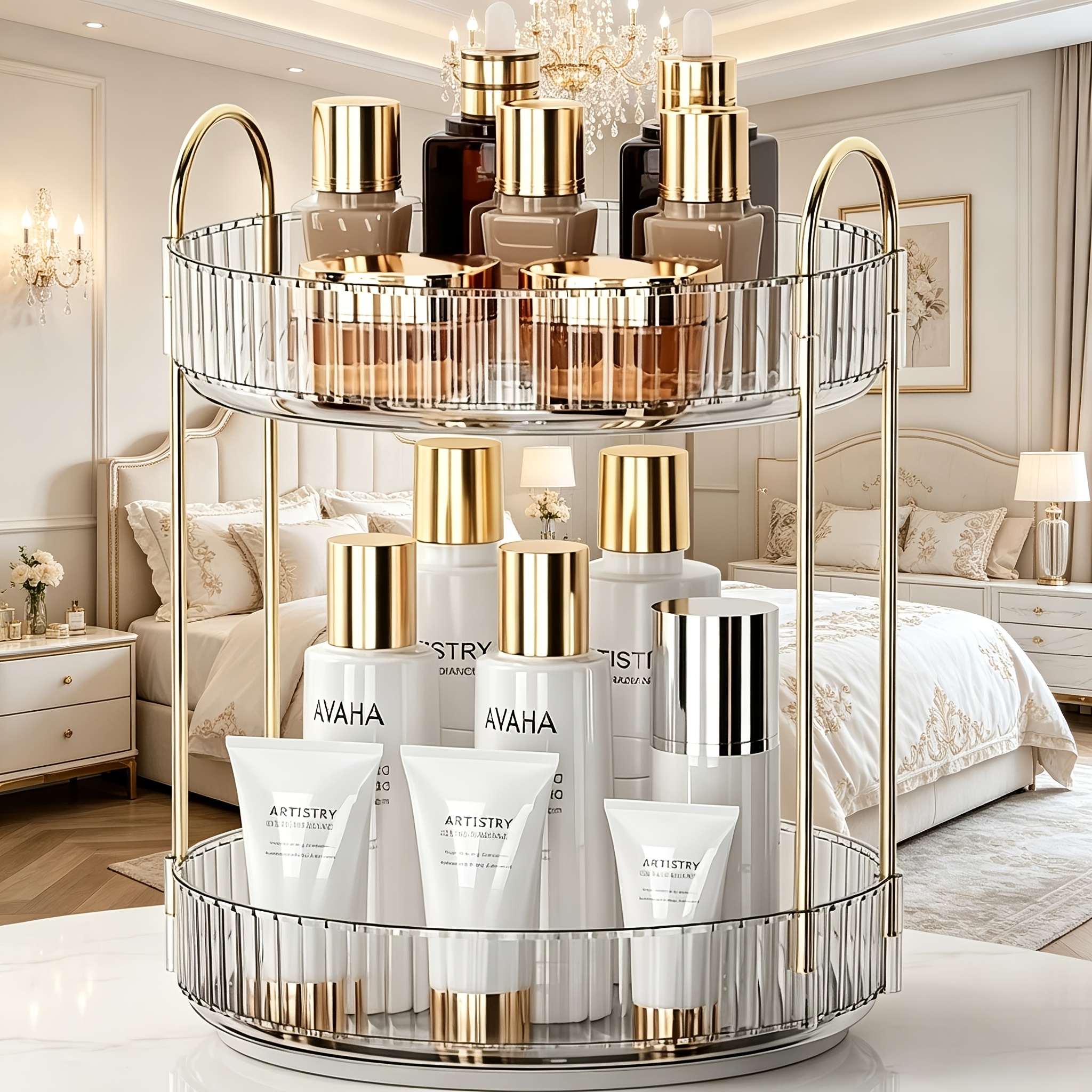 Temu – TEMU 360° Rotating Cosmetic Storage Box For Vanity, Bathroom, And Travel – Large-capacity Countertop Holder For Lipsticks, Perfumes, And Skincare