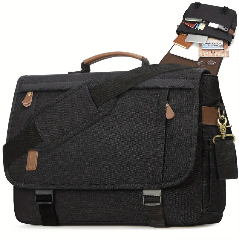 messenger bag for men 3 inch laptop bag canvas computer shoulder bag office work briefcase large casual satchel bags for men bookbag for college black details 1