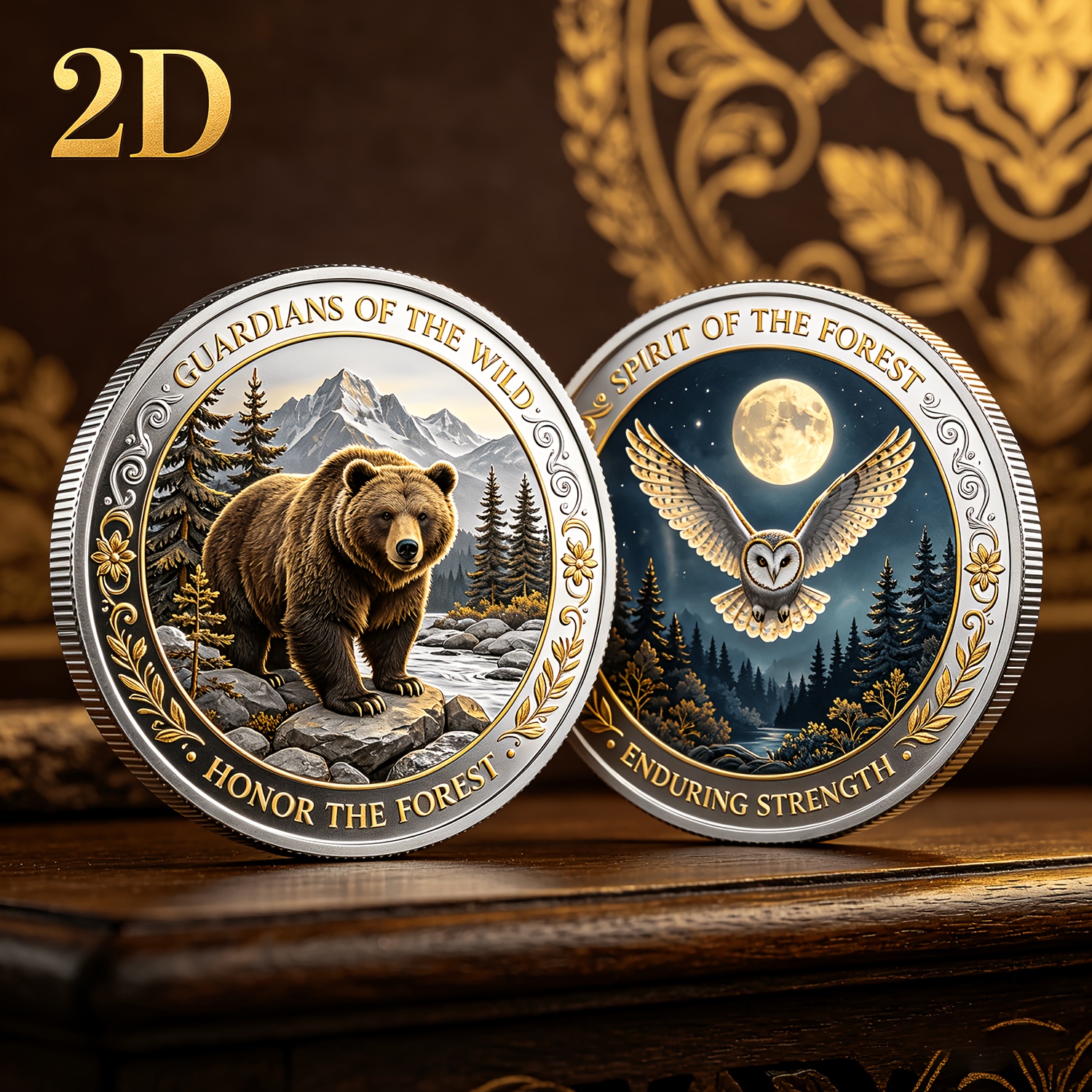 TEMU 1pc, 2d Wild Animal Theme Commemorative Coin 2d Double-sided Brown Mountain And Owl Pattern Engraved Guardian And Power Inspirational