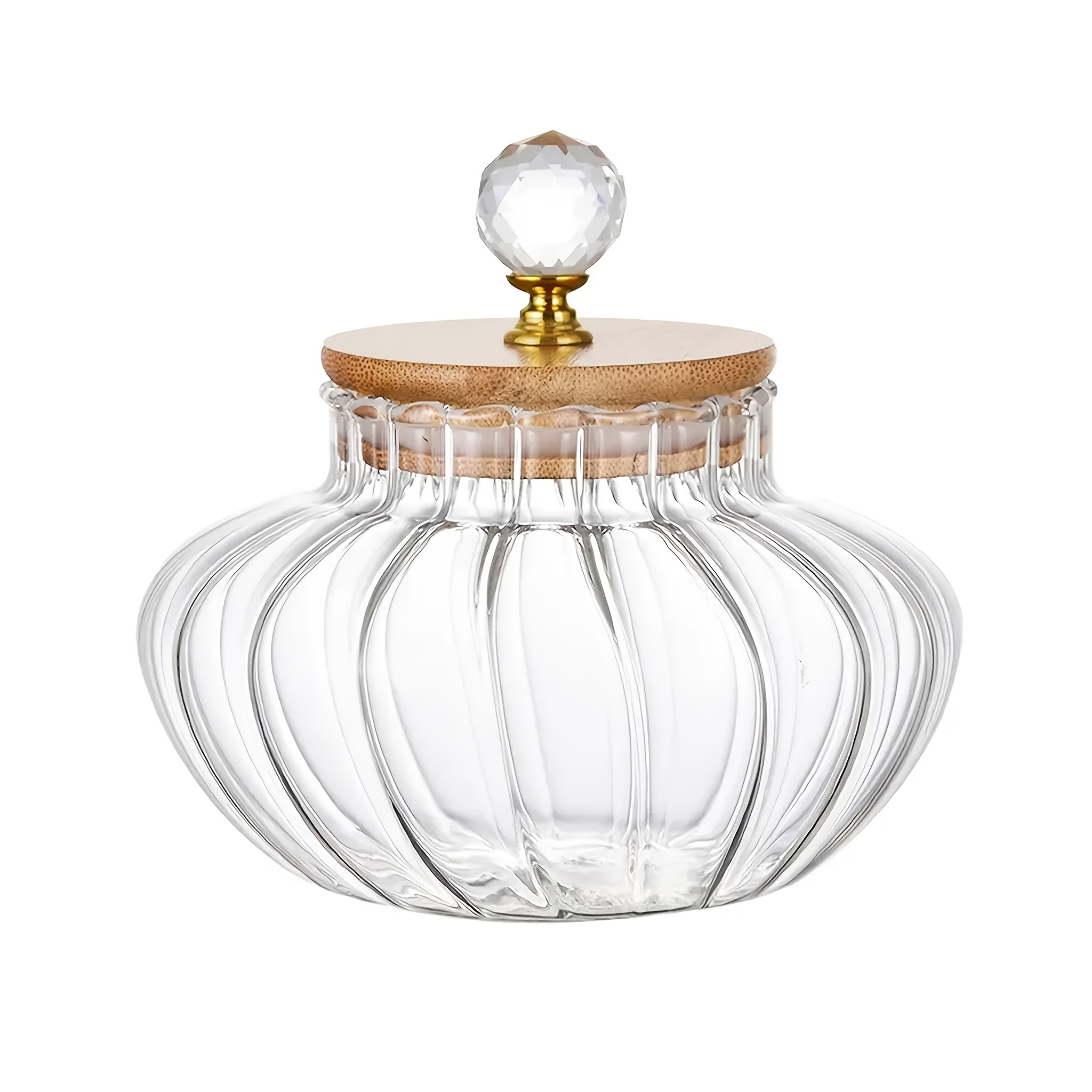 TEMU Large-capacity Vertical-striped Pumpkin Glass Storage Jar With A Bamboo Wood Lid And Crystal Pull Tab. High-capacity Transparent Glass Airtight