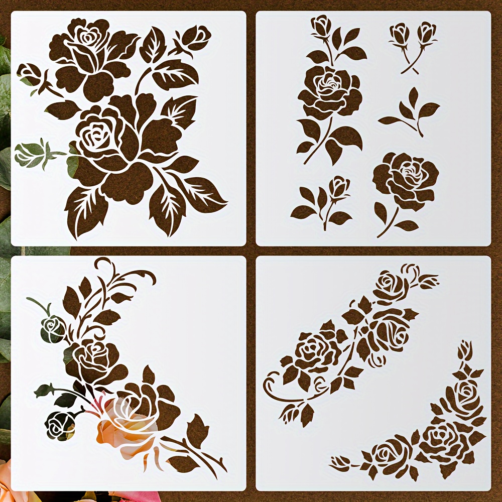 

Set Of 4 Creamy White Corner Rose Stencils, 7.9 Inch Reusable Pet Painting Templates For Wood Canvas Wall Furniture - Craft & Diy Scrapbooking Home Decor