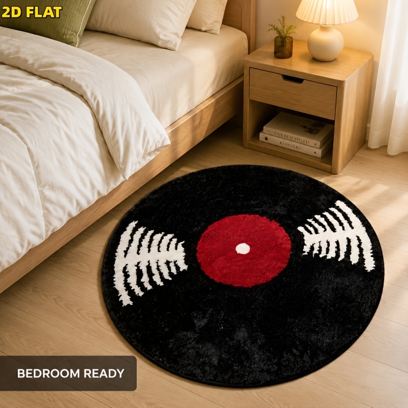 TEMU 1pc Velumis Record Rug Suitable For Music Lovers, Soft Plush Non-slip Round Carpet With Vinyl Floor Mat, Machine Washable Fluffy Floor Decor For