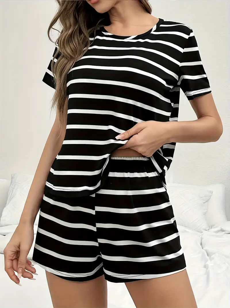 pyjamas collection womens pyjamas striped elements short sleeved shorts set casual pyjamas a gift for Product details 0