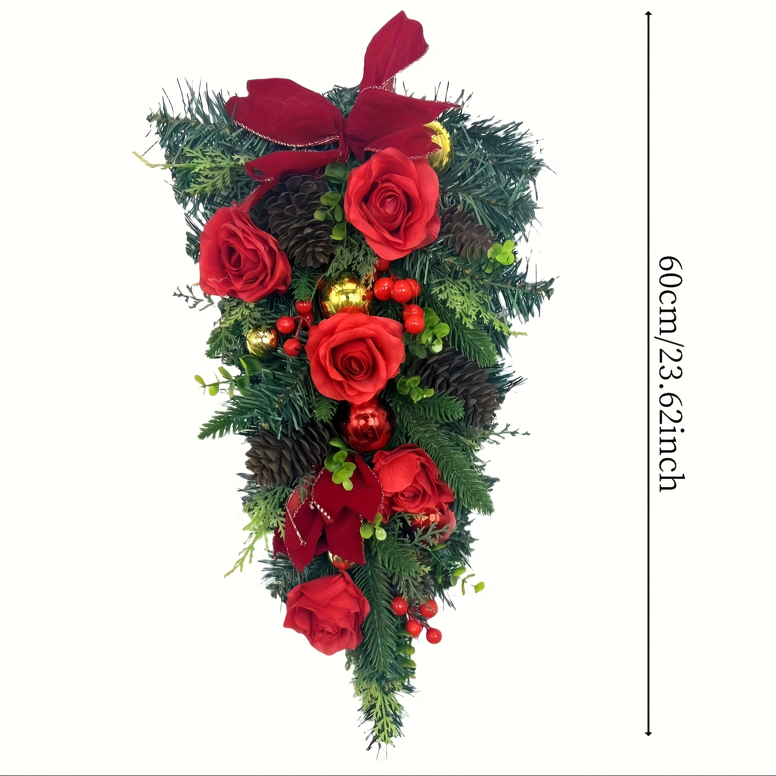 Image of Christmas Wreath With An Inverted Design For The Front Door, Measuring 23.62 Inches, Featuring A Red Bow, Roses, And Christmas Ball Decorations, Suitable For Holiday Winter Decor Indoors And