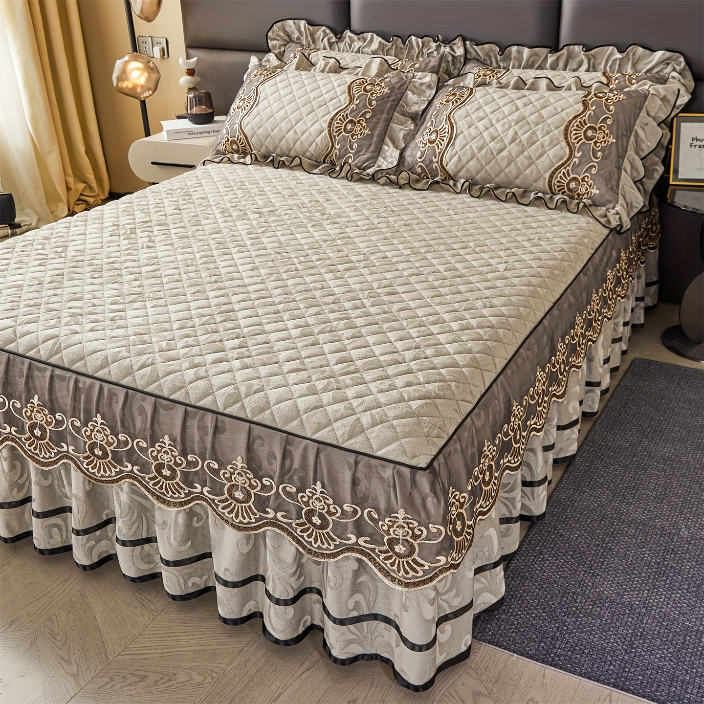 1pc Autumn Winter Thickened Heart And 3d Lace Bed Skirt: 1pc Bed Skirt, , Lace Decor, Fashionable And Elegant, Moisture Wicking And Breathable, Wrinkle-free Silent