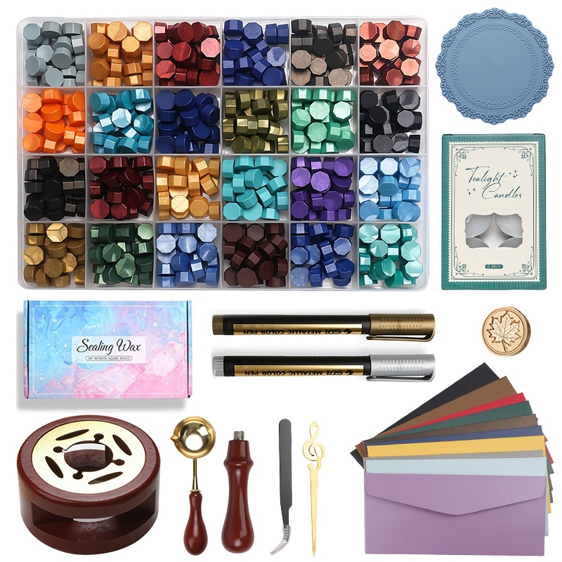 TEMU Wax Seal Stamp Kit Complete Set-with Melting Furnace, 24-color Wax Beads, Spoon, Handle, Metal Pen, Envelopes, Tweezers, Stirring Needle, Stamp