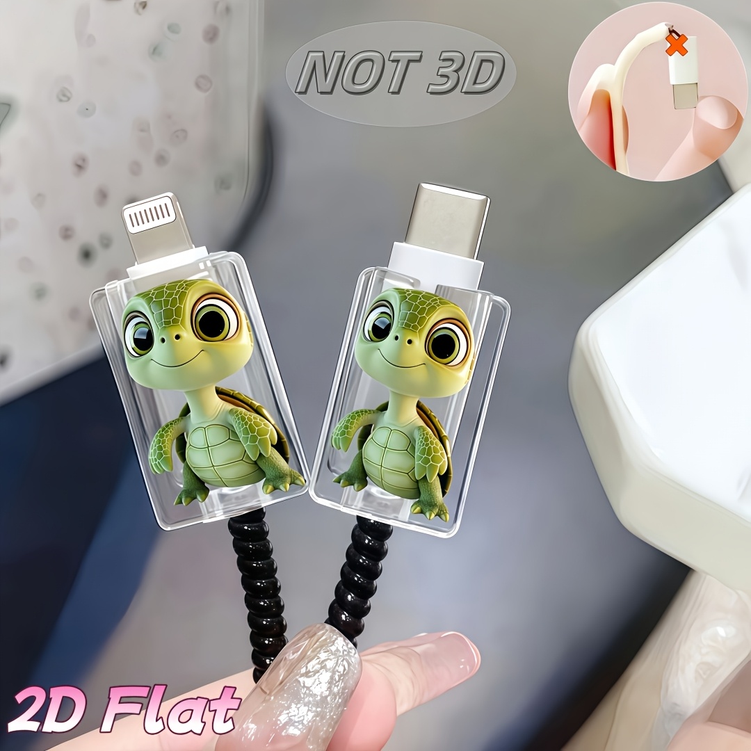 [2d Flat] 2pcs Cartoon Turtle Pattern Printed Data Cable Protectors, Anti-break, Type-c Phone Data Cable Protector, Aesthetic And Durable