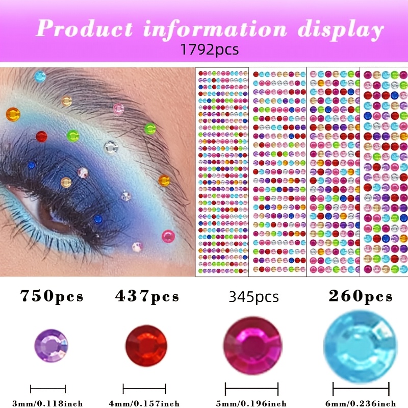 Image of 1792pcs Gdgdsy Self-adhesive Rhinestone Stickers, Unscented, 3mm/4mm/5mm/6mm, For Scrapbooking, Crafts, Face, Hair, Home Decor, With Music Festivals