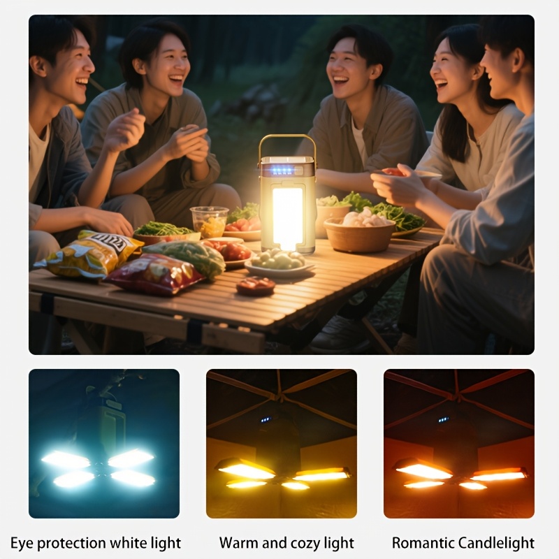 Portable rechargeable solar camping light, rechargeable flashlight, six lighting modes, portable hanging tent light, six lighting modes, foldable clover LED floodlight. Suitable for camping, hiking, traveling, fishing, emergency situations, gifts.