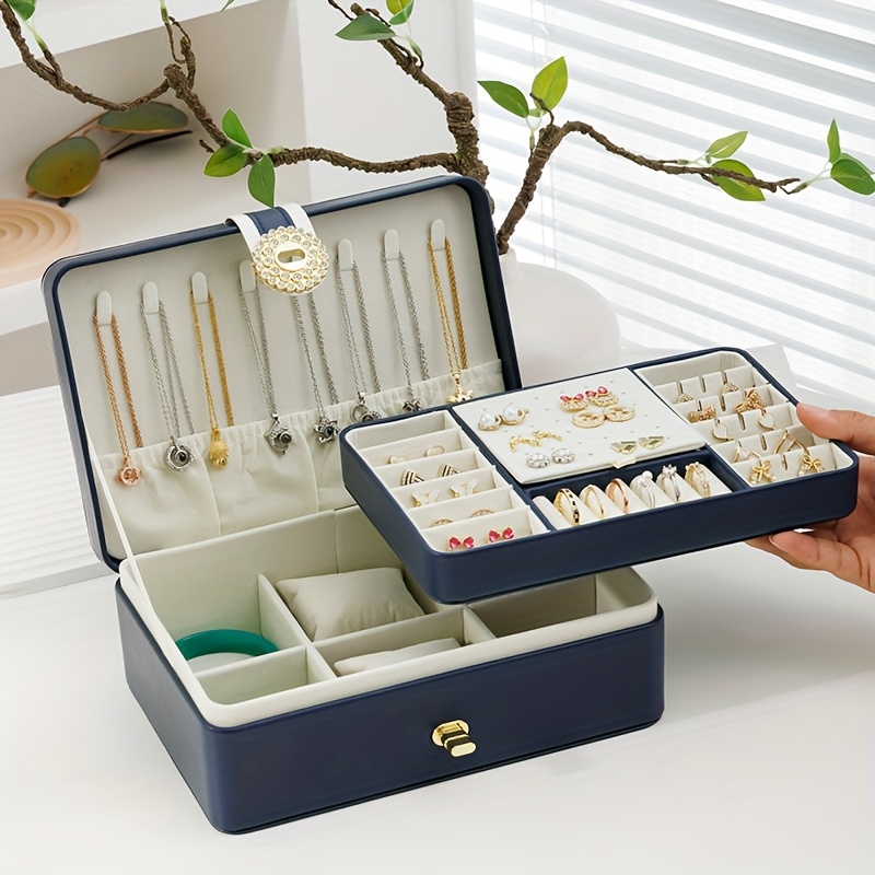 customizable text double layer pu leather jewelry box large capacity earring ring organizer with decorative golden floral emblem elegant white   storage case for valentines day gifts Product details 2