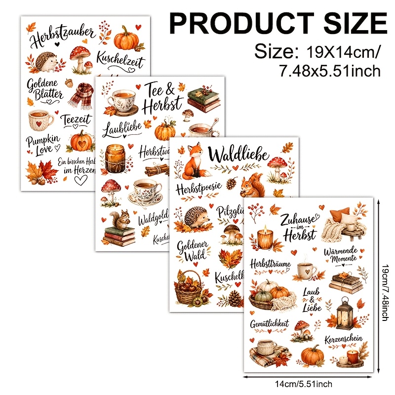 TEMU 4 Stück Herbstwald-Tier-Vinyl-UV-DTF-Transferpapier (Tassen nicht enthalten, nur Transferpapier verkauft) Geeignet für Bastelarbeiten, Tassen,