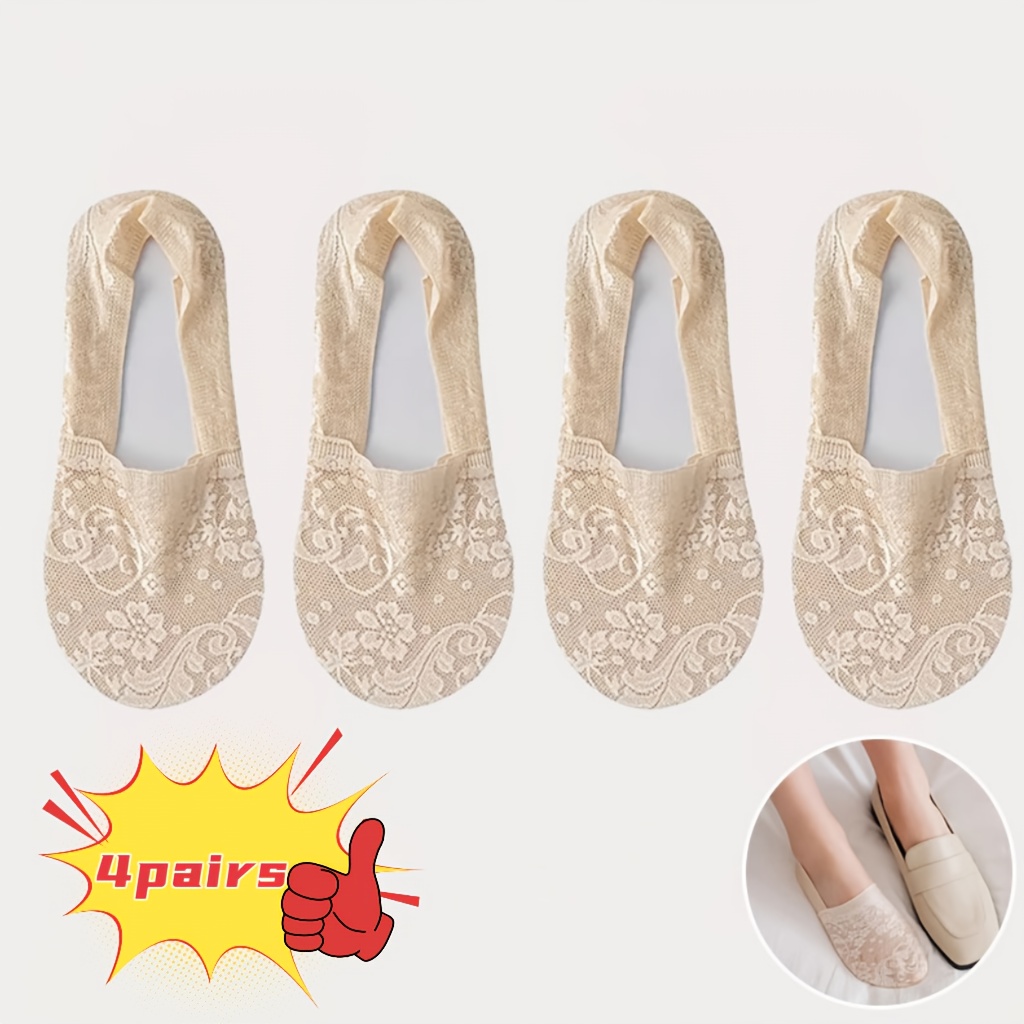 TEMU 4-pair Lace Summer Thin No-show Socks For Women, Silicone Anti-slip Non-slip Heel, Invisible Socks, Spring/autumn Short Ankle Socks, Low-cut