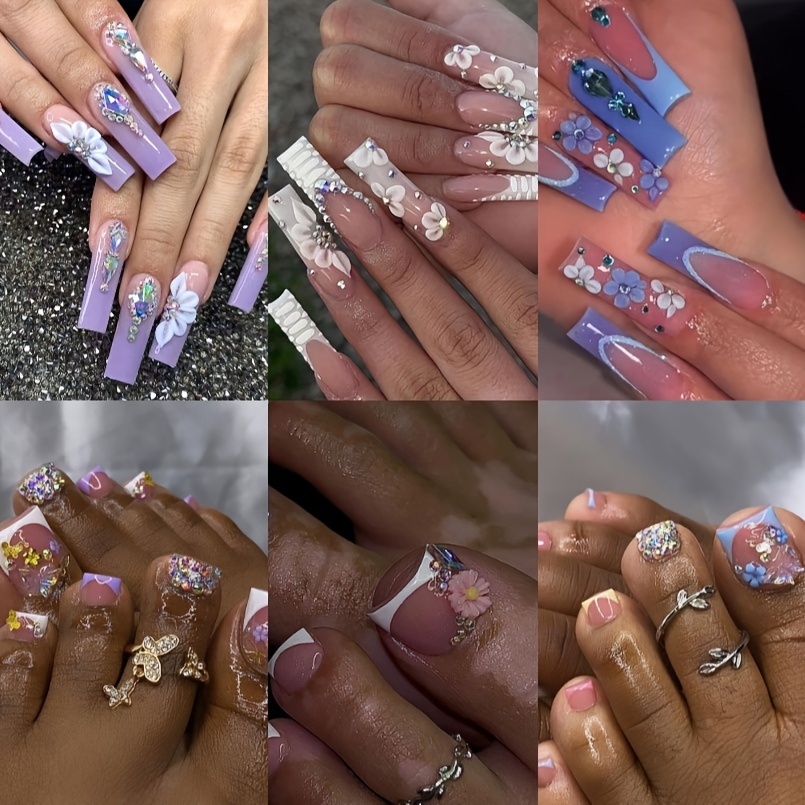 

144 Piece Luxe -on Nails & Toenails Set - White Square French Tips With Sparkling Rhinestones, Flower Women And Girls