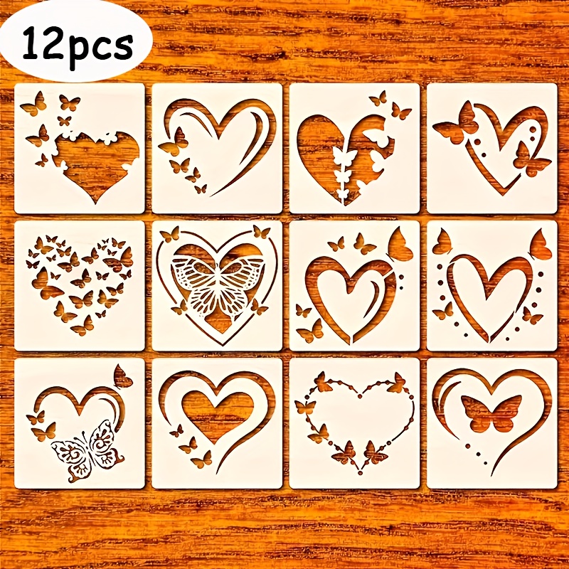 E-shop 12-teilige handgemalte Schablonen mit Herz- Schmetterlingsmotiven, wiederverwendbare DIY-Zeichenschablonen, geeignet für Stoff, Papier, Wände,