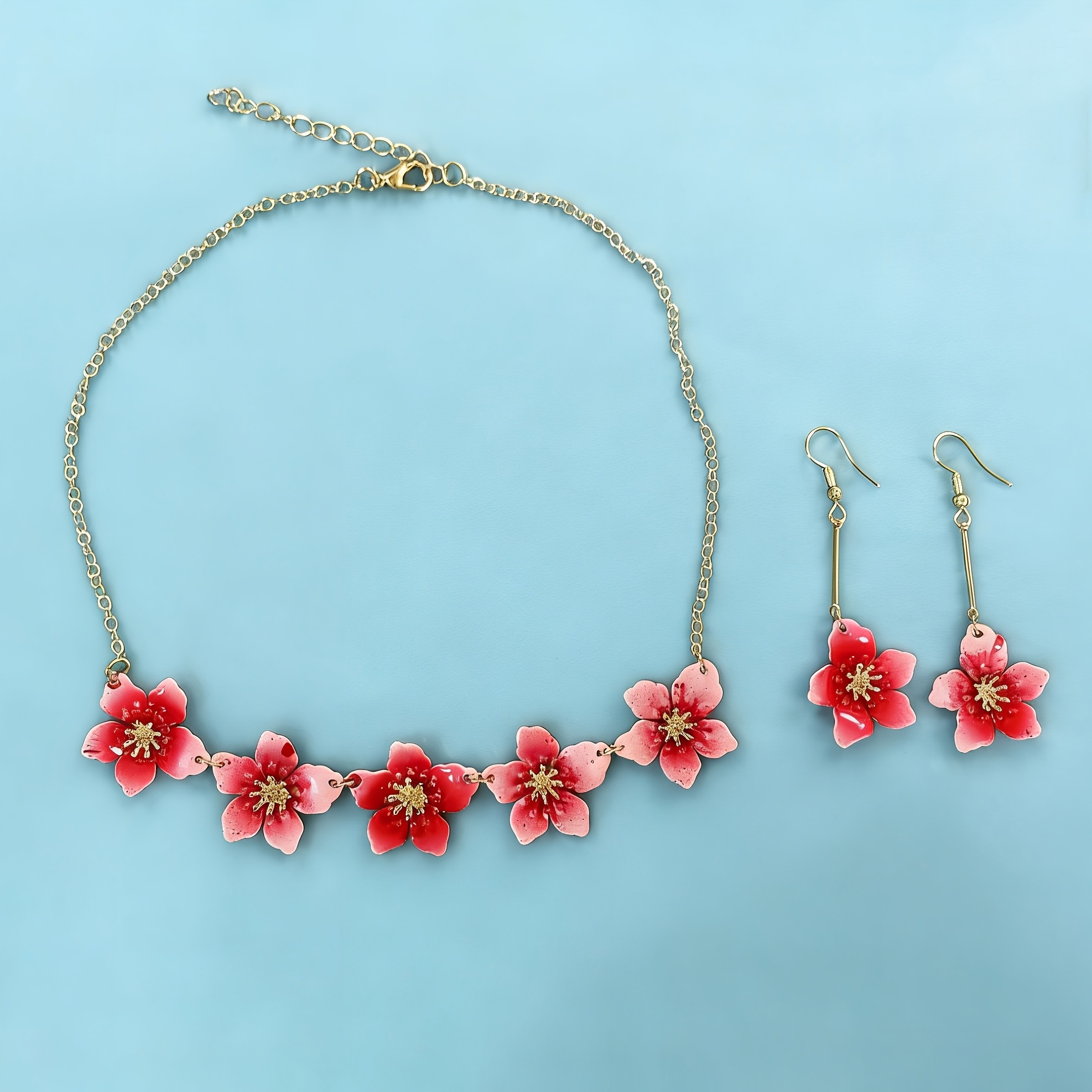 2pcs Romantic Gradient Red Flowers Necklace and Earrings Set