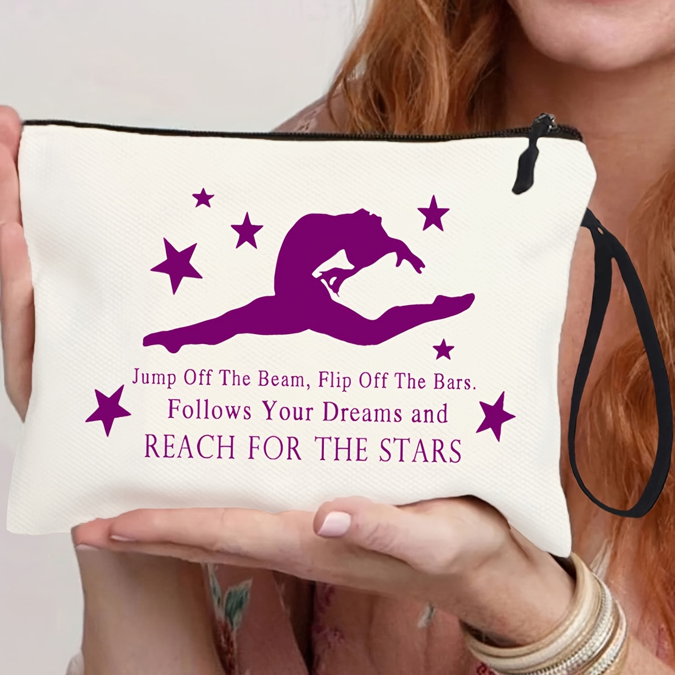 

Inspirational Cosmetic Bag For Women And Girls, Lightweight Fabric Makeup Pouch With Applique, Gift With Handle Strap, Zipper Closure, Machine Washable