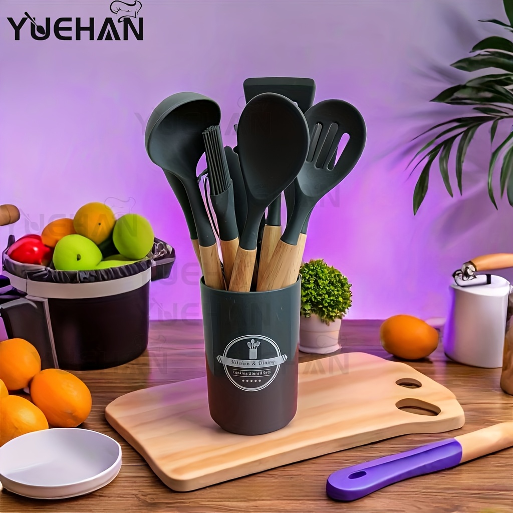 TEMU A Set Of Modern High-quality Dark Gray Silicone Kitchen Utensils With Wooden Handles - Includes A Ladle, Spatula, Turner, Slotted Spoon, Pasta