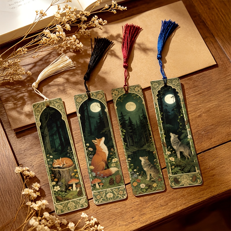 TEMU 4pcs, Forest, Fox, Wolf Forest, Moon, Mushroom, Mystical Style Pattern 1.5in X 5.9in 2d Printed Faux Leather Bookmark With Tassel, Daily , Book