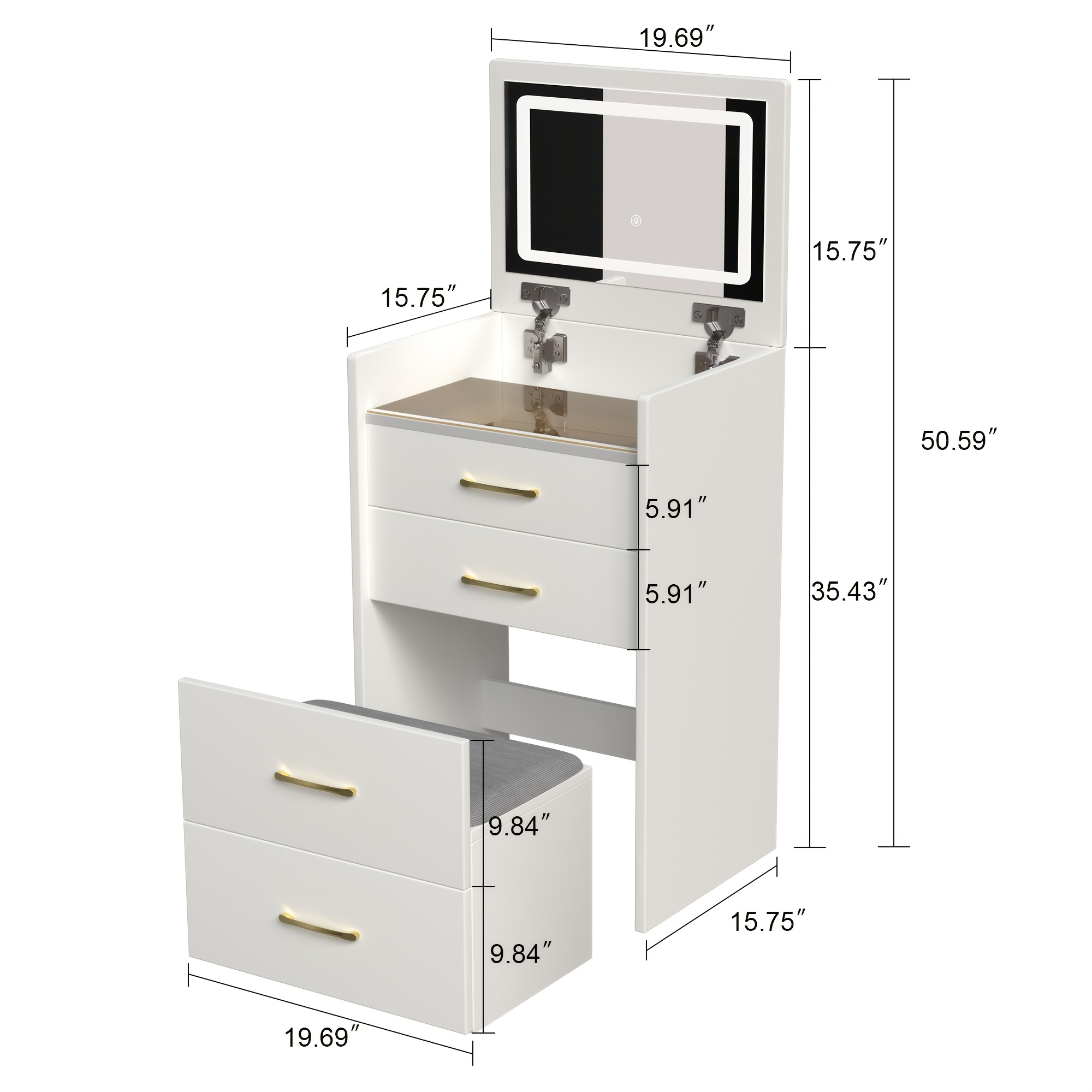 19 69 wide 3 in 1 dressing table makeup table with adjustable open top   storage cabinet with 3 drawers dressing table with stool easy to assemble suitable for small space apartment bedroom powder room best gift for girls Product details 3