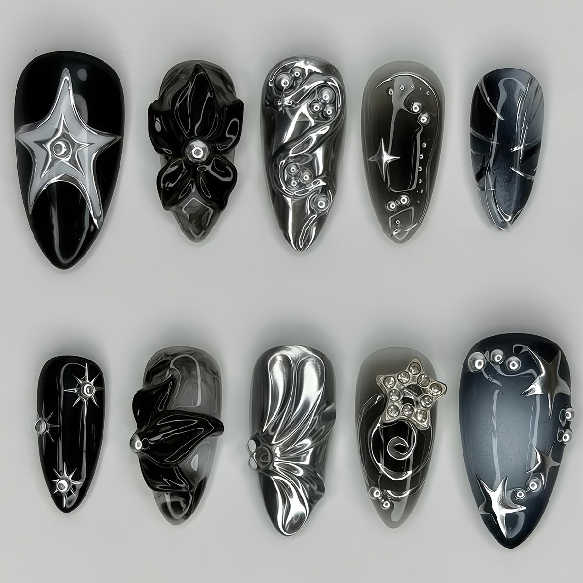 TEMU Faux ongles noirs gothiques Y2K à presser, 10 pièces, argentées 3D et tourbillons chromés, art d'ongles DIY réutilisable pour style grunge